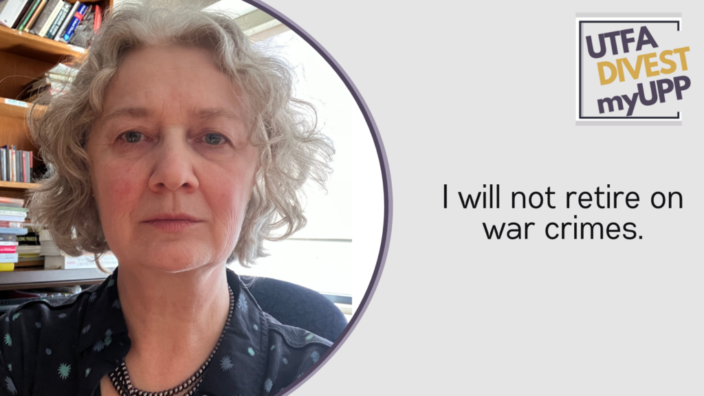 Image of a 50-year-old woman with wavy, bob-length blond hair. She is wearing a navy blue-blouse with light-blue and lilac print, and has a 3-row grey bead necklace. She has a faint smile and is looking at the camera. The image has a book shelf on one side, and a white background on the other side.