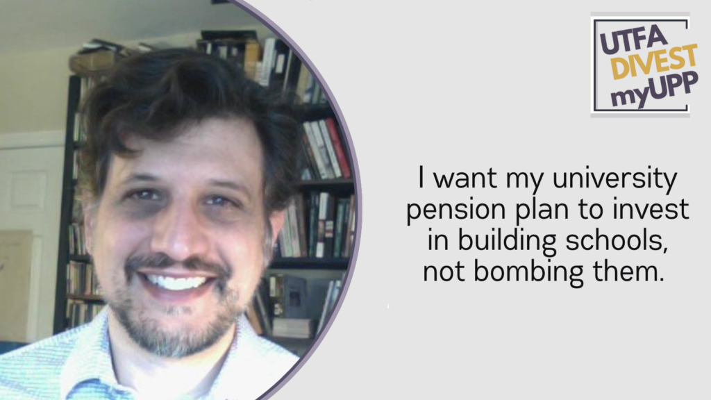 Pledge Image: A white man with curly brown hair grins in front of a bookcase. He wears a white button-down shirt. Pledge Text: “I want my university pension plan to invest in building schools, not bombing them.”