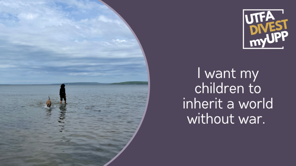 Pledge Image: A person-figure with a dog-figure walking in a big body of water. The image is mostly big water and big blue sky with some summery clouds. Pledge Text: "I want my children to inherit a world without war." 