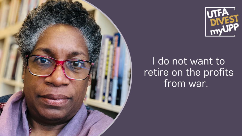 Pledge Image: A Black woman with short salt-and-pepper hair smiles in front of a bookcase. She wears large red glasses. Pledge Text: “I do not want to retire on the profits from war.”