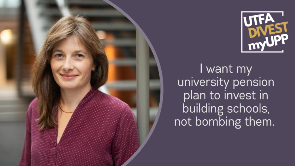 Pledge Image: A woman with light brown long hair that looks shampoo-commercial awesome gives a gentle smile to the camera. She is wearing a dark pink collar-less shirt with a waffle pattern that looks like a very nice linen fabric. Pledge Text: "I want my university pension plan to invest in building schools, not bombing them." 