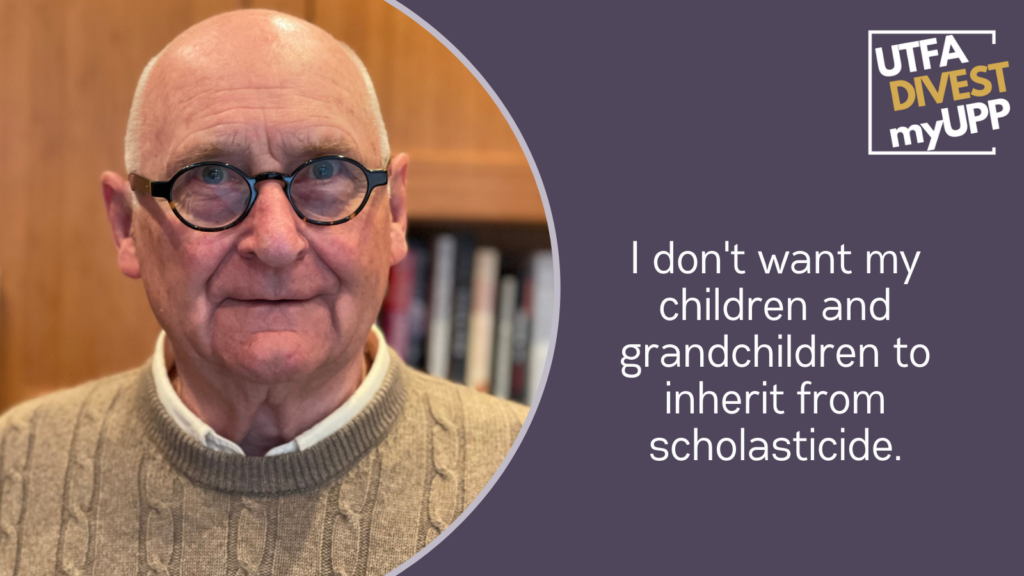 Retired professor with white hair and glasses, smiling at the camera.