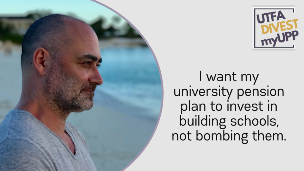 Pledge Image: A bald man standing on a quiet beach looks at the sea. He wears a casual light gray shirt. Pledge Text: “I want my university pension plan to invest in building schools, not bombing them.”
