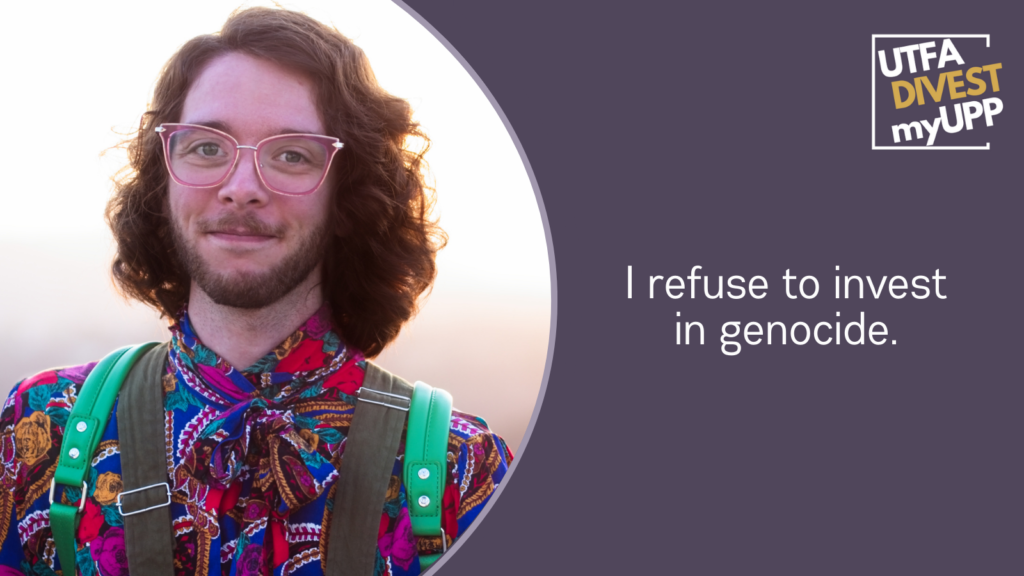 Picture of a white transmasculine person with short curly brown hair wearing pink glasses and a paisley shirt. They are smiling and looking at the camera in front of a sunset.
