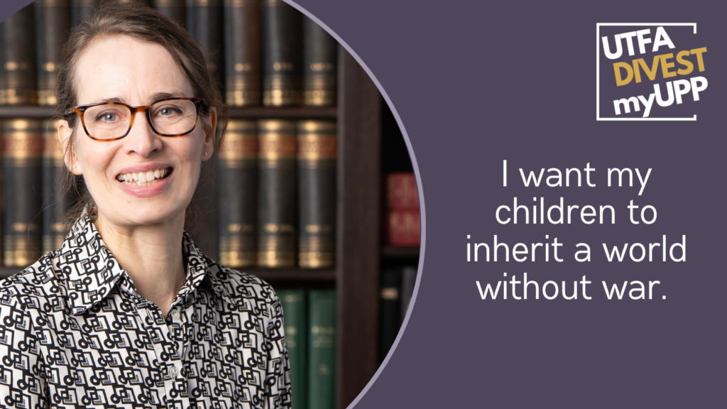 Pledge Image: A thin white woman with an auburn ponytail grins in front of a heavy bookcase. She wears square glasses and a black-and-white patterned button-down. Pledge Text: “I want my children to inherit a world without war.”