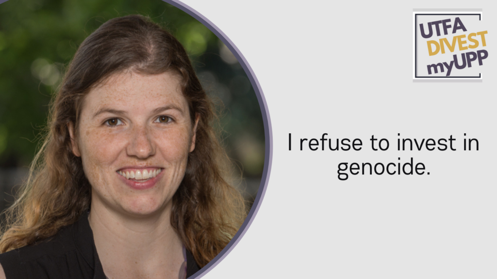Pledge Image: White woman in mid-30s with medium length brown hair and freckles smiling in black shirt with purple quartz necklace; blurred greenery in background. Pledge Text: “I refuse to invest in genocide.”


