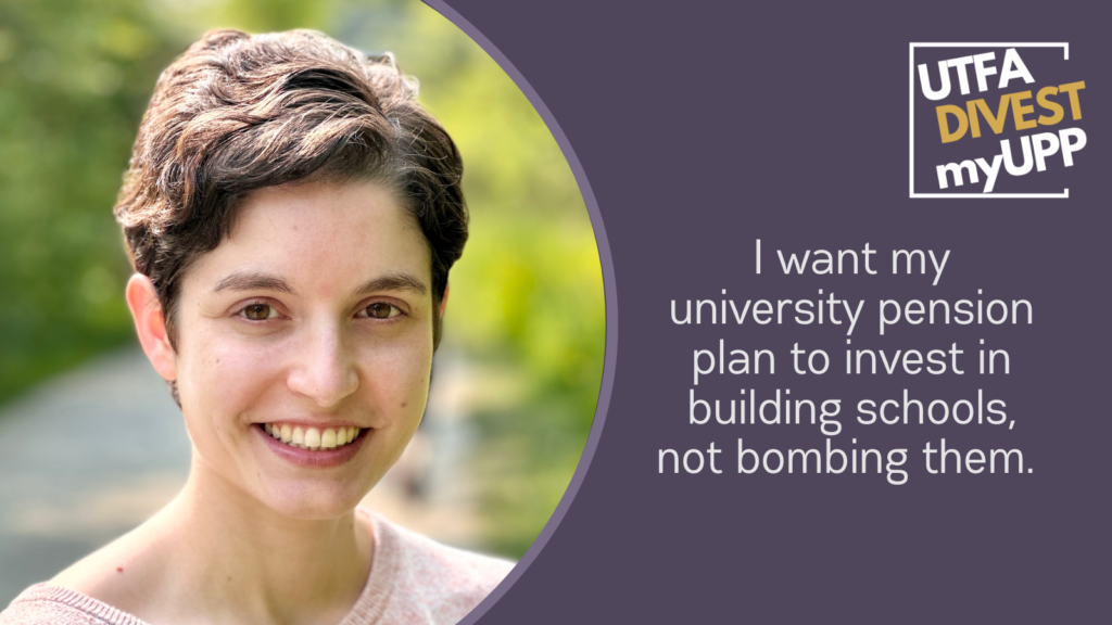 Pledge Image: A young white person with short brown hair grins. They are standing on a path through greenery outdoors. Pledge Text: “I want my university pension plan to invest in building schools, not bombing them.”