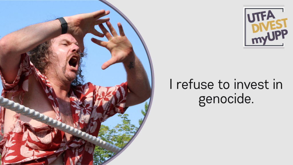 Picture of white 40-year old man with long curly brown hair and a horseshoe moustache. He is standing in a pro wrestling ring, hands raised to his mouth, shouting. He wears a torn Hawaiian shirt and tan slacks. It is summer and behind him a leafy green tree and a cream and beige townhouse rises into the clear blue sky.