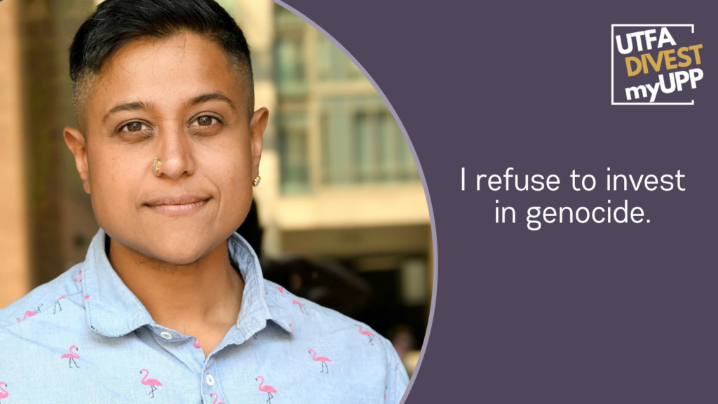 Pledge Image: A person with short hair in a pastel blue button-down shirt smiles lightly against a blurred indoors background. Pledge Text: “I refuse to invest in genocide.”
