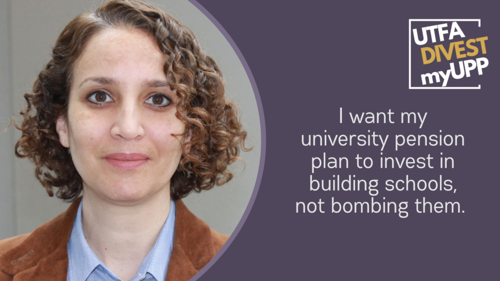 Pledge Image: A white woman with crimped reddish-brown shoulder-length hair and a little bit of natural makeup smiles against a gray background. She wears a semi-formal suit with a brown suede jacket over a light blue collared shirt. Pledge Text: “I want my university pension plan to invest in building schools, not bombing them.”