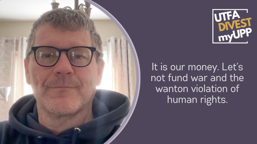 Pledge Image: A white man with short gray hair, stubble, and thick glasses smiles tightly. The sun shines through the curtains of a living room behind him. Pledge Text: “It is our money. Let’s not fund war and the wanton violation of human rights.”