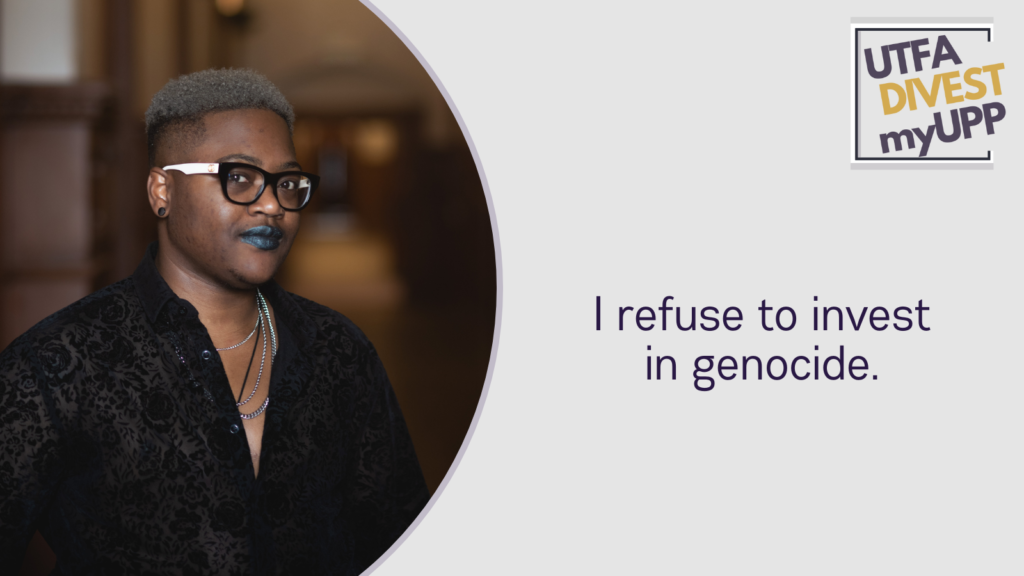 Pledge Image: A Black person in blue lipstick smiles in front of a blurred interior. They have a close-cropped dark fade and thick glasses. They’re wearing a patterned black satin shirt with a cord necklace underneath. Pledge Text: “I refuse to invest in genocide.”