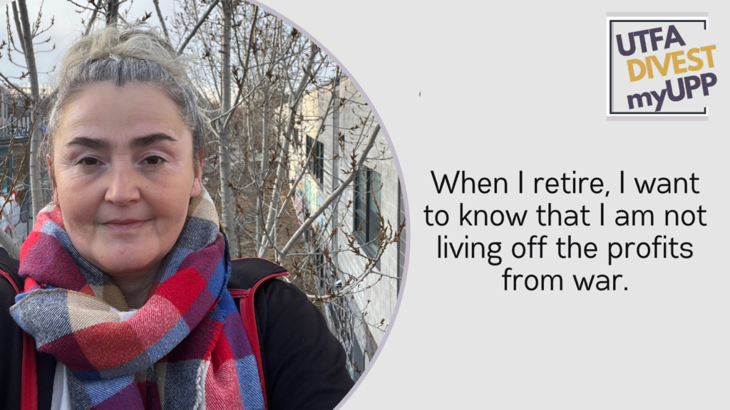 Pledge Image: A woman with a white ponytail smiles in front of snowy foliage. She is nestled in a thick, colorful red-and-blue scarf. Pledge Text: “When I retire, I want to know that I am not living off the profits from war.”